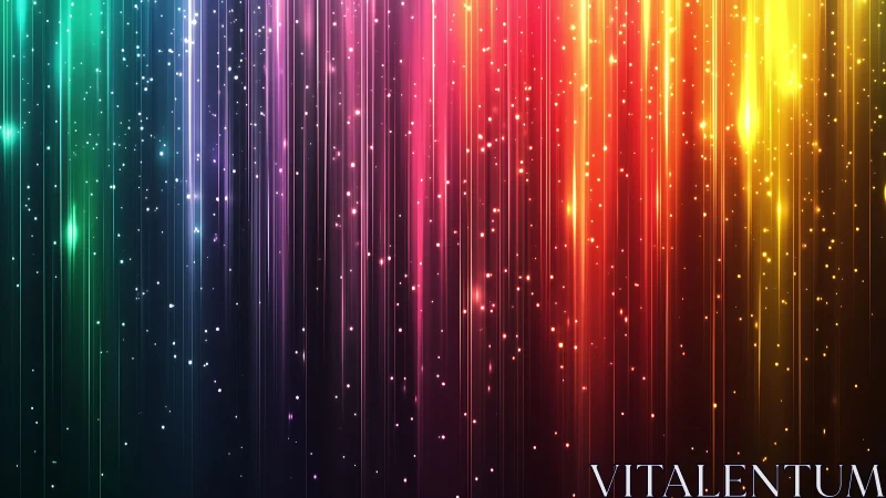 Vibrant neon light streaks with sparkling particles, digital art style.