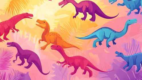 Color-rich dinosaurs stride across neon tropical jungle
