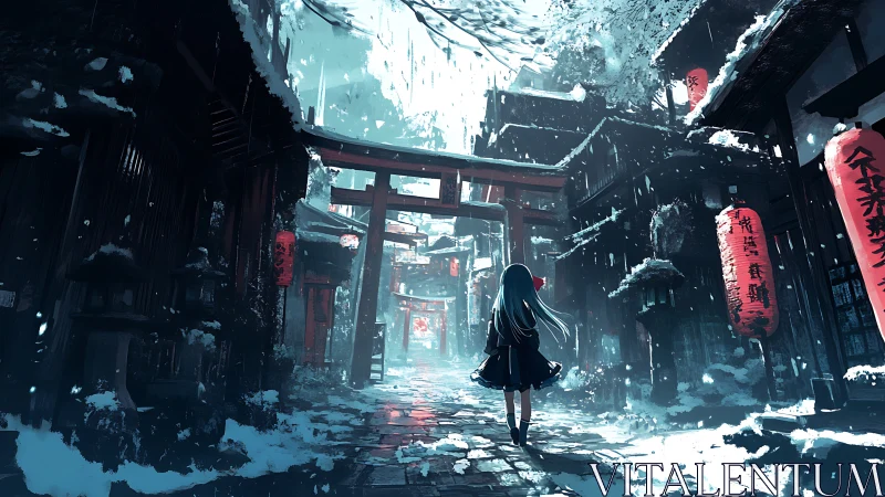 Solitary girl walks through snowy lantern-lit shrine street