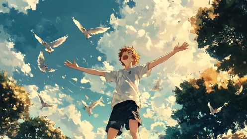 Boy embraces summer sky as doves scatter in sunlight.