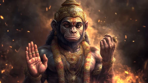 Radiant monkey deity offers calm blessing amid swirling fire