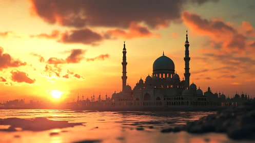 Sunset mosque silhouette over reflective coastal water.