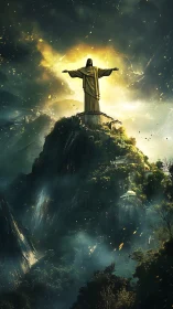 Digital statue on mountain peak stands in illuminated cloud field