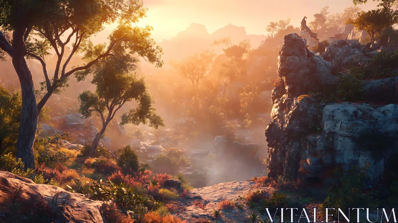 Volumetric sunrise over rocky canyon with dense foliage