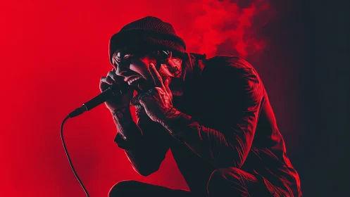 Intense red lit vocalist screaming into stage microphone.
