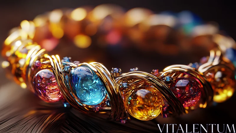 Gold bracelet with multicolored glass cabochons in macro view.