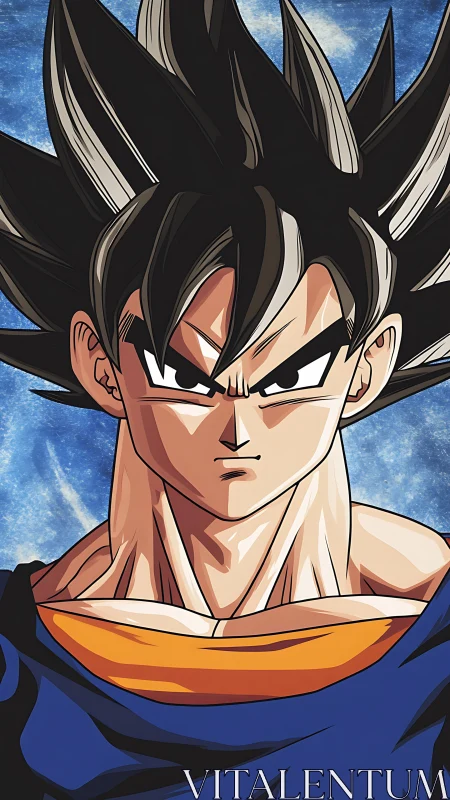 Determined spiky haired warrior stands against cosmic sky