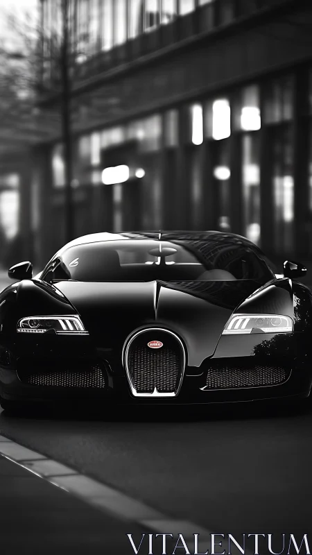Midnight-black hypercar prowls the glassy urban canyon
