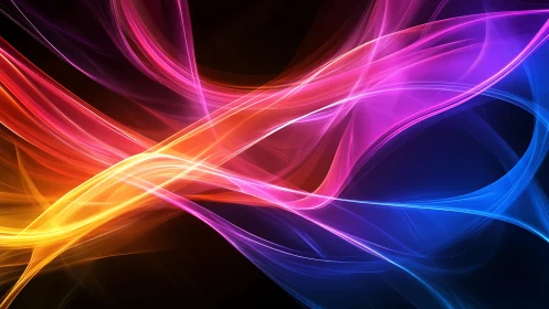 Vibrant neon light ribbons cross over deep black void.