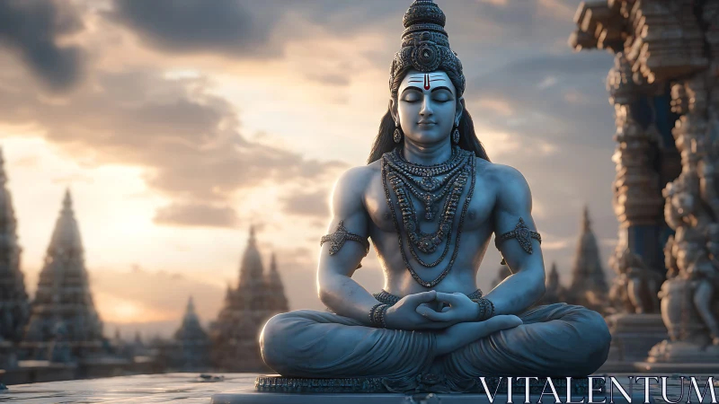 Serene temple deity in peaceful sunset meditation pose.