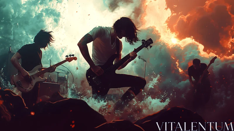 Rock band unleashes explosive performance amid stormy flames.