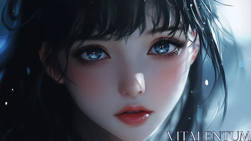 Moody anime portrait with luminous blue eyes in focus.