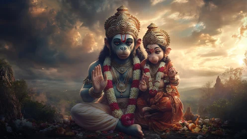 Sacred monkey deities bless a golden sunset valley temple