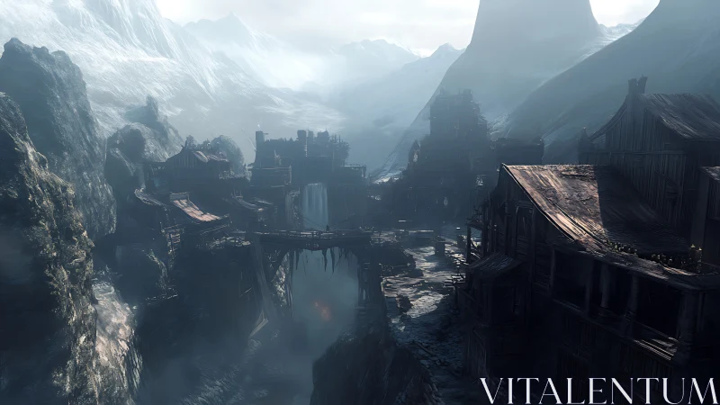 Foggy cliffside settlement tucked into silent winter mountains.