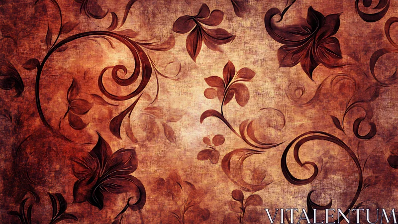 Vintage floral swirl pattern on textured brown background.