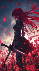 Armored anime swordswoman stands in crimson poppy battlefield