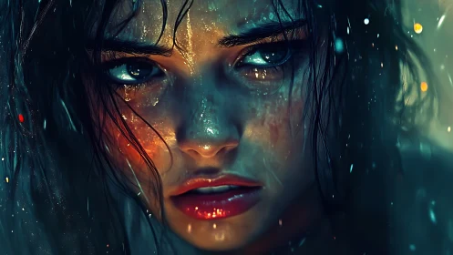 Close-up digital portrait of wet face with water droplets.