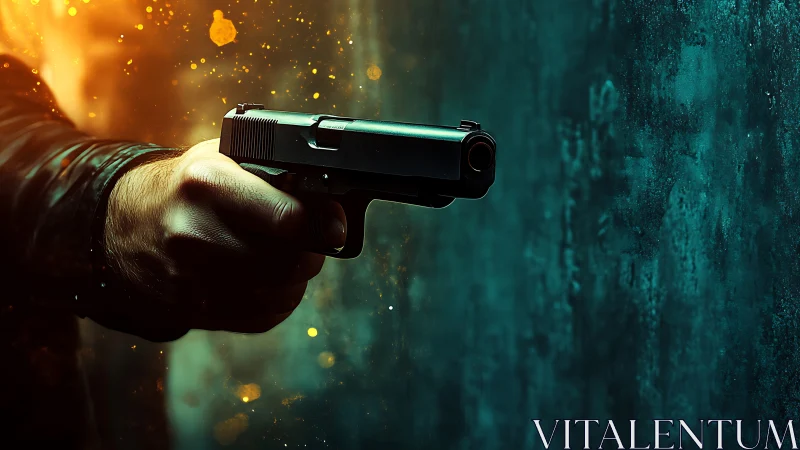 Cinematic close-up of handgun aimed toward textured teal wall
