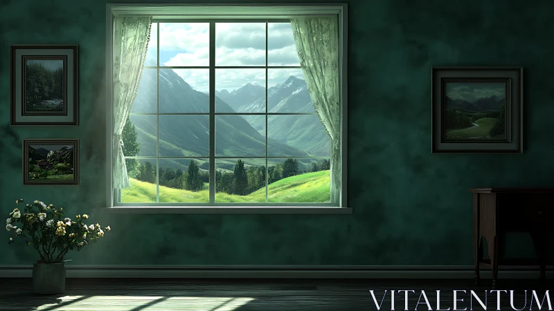 Mountain daydream framed by a quiet, emerald green room.