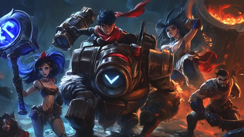 Dynamic fantasy squad advances through forge-lit battleground