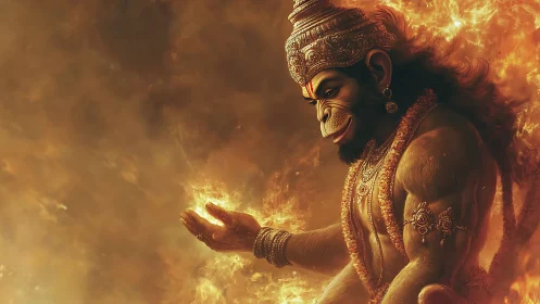 Fire-crowned monkey warrior cradles divine embers in dusk.