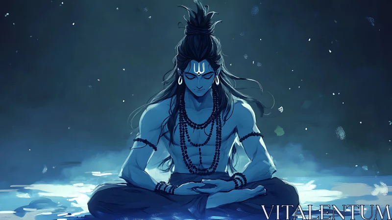 Monochrome blue yogic figure in symmetric meditative composition