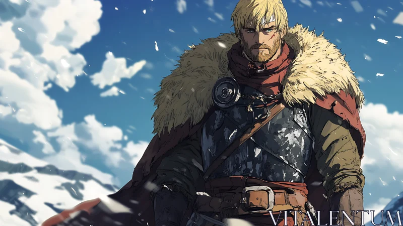 Nordic warrior stands resolute in snowy mountain winds.