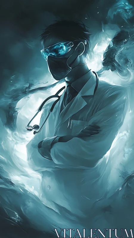 Neon-clad cyber doctor guarding the stormlit data ward.