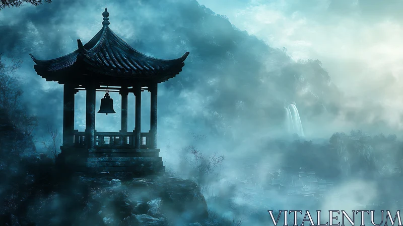 Misty mountain pagoda with hanging bell above foggy valley.