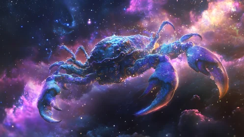 Cosmic crab drifts through vibrant nebula clouds.