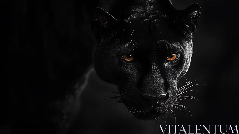 Black Panther Portrait with Amber Eyes Against Dark Background