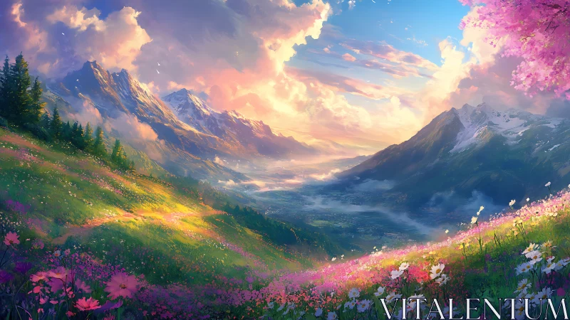 Sunlit alpine valley glows beneath swirling pastel clouds