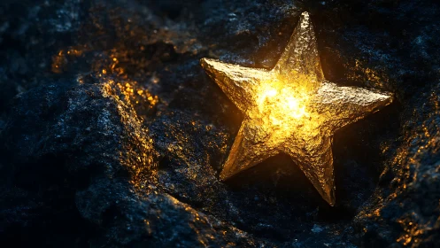 Luminous golden star embedded in dark textured stone.