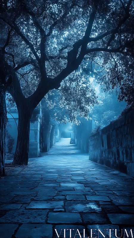Nocturnal stone walkway under luminous cyan canopy perspective.