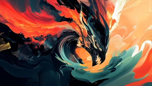 Fiery abstract dragon head emerging from swirling flames.