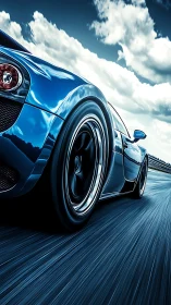 Low-angle rear view shows blue sports car in motion