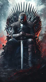 Steel-crowned warrior broods on a storm-lit throne of blades