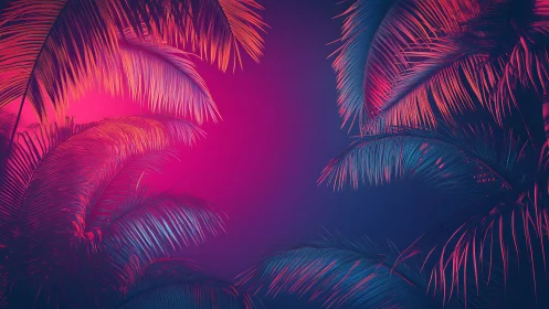 Neon palm leaves frame a vivid magenta and blue gradient sky