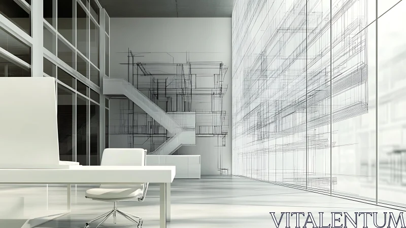 3D architectural render combining wire frame geometry with solid interior spaces