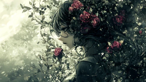 Melancholic girl entwined with roses in muted forest light.