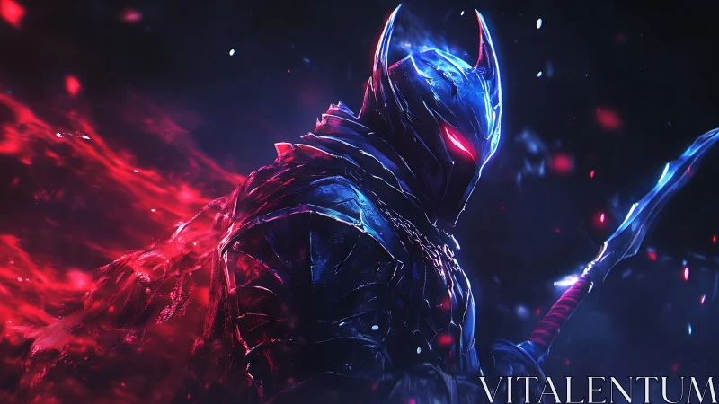 Armored spectral warrior rendered with neon rim lighting and motion trails