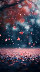 Crimson autumn leaves drift softly through a dreamy street