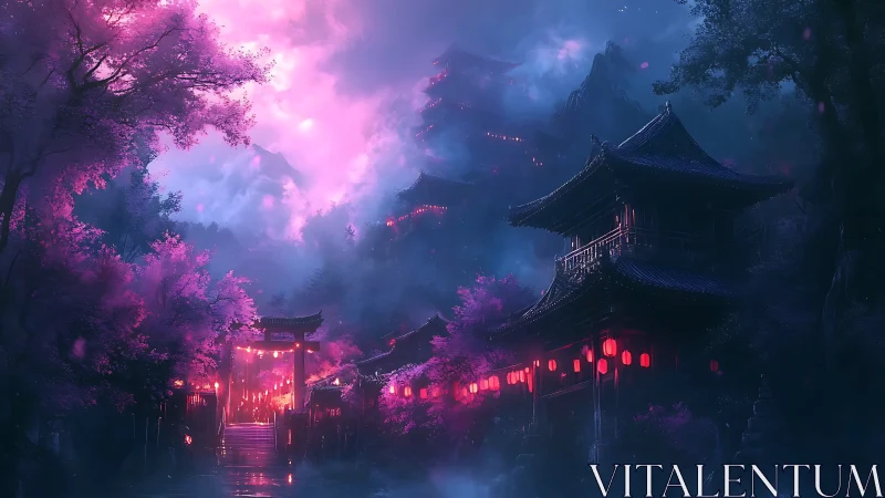 Mystic mountain temple at night under vivid pink clouds.