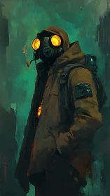 Figure in gas mask and hooded coat stands against teal background