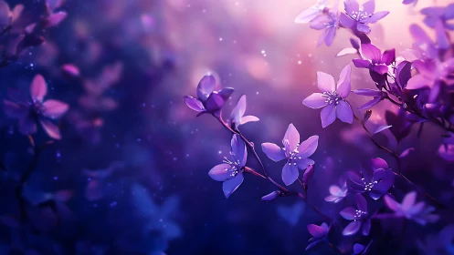 Purple Blossoms With Bokeh Particles Depth Rendering.