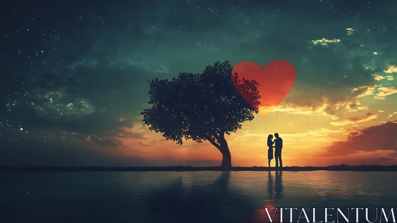 Romantic silhouetted couple under love-heart tree at twilight