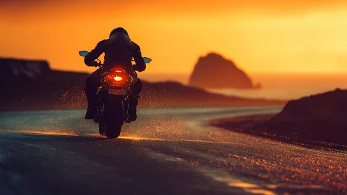 Motorcyclist riding coastal road at sunset in wet spray.