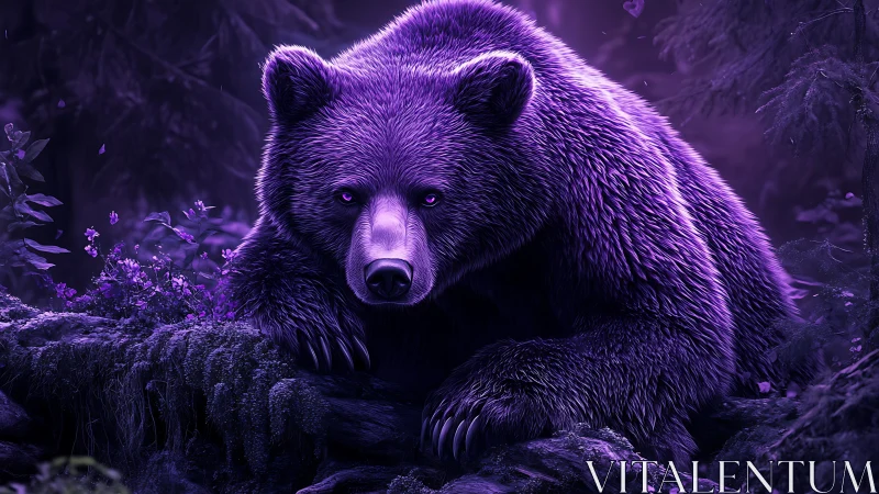 Violet grizzly bear resting on mossy log in dark forest.