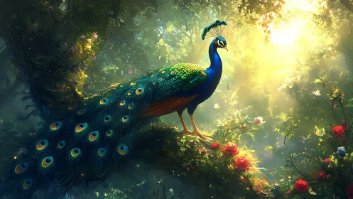 Spectral peafowl on arboreal perch in irradiated forest glade.