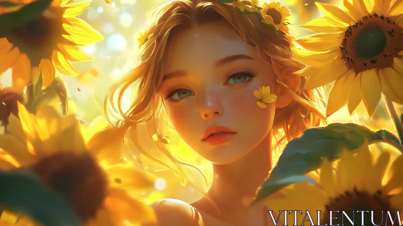 Digital portrait of young woman amid sunflowers in warm light